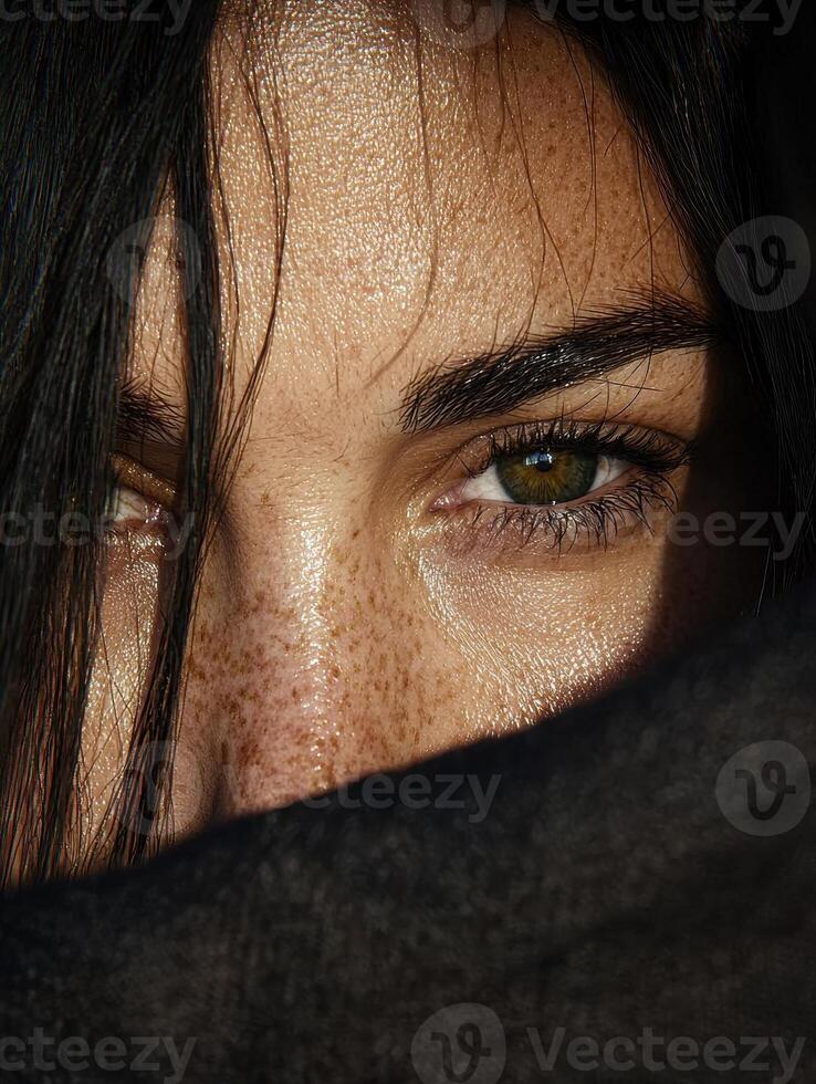 Close up of a woman's face with freckles and green eyes. photo