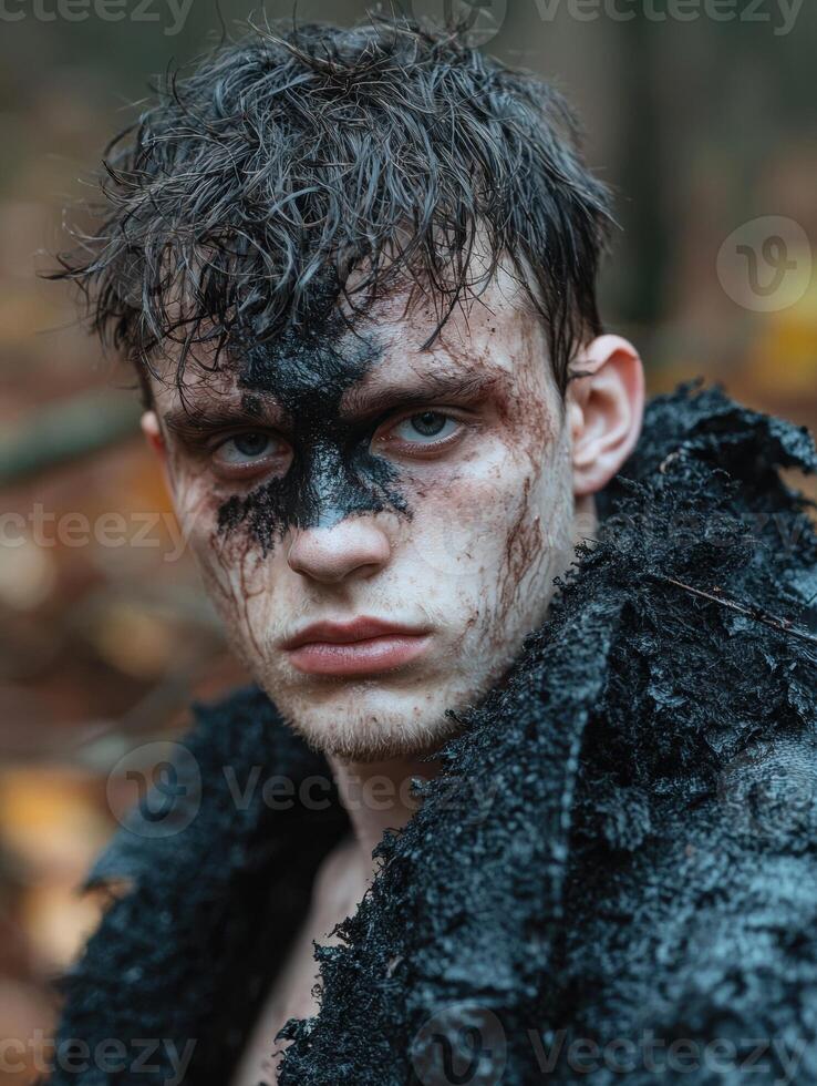 A man with dark face paint stares intensely at the camera photo