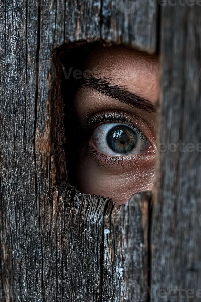 An eye peers through a hole in a wooden wall photo