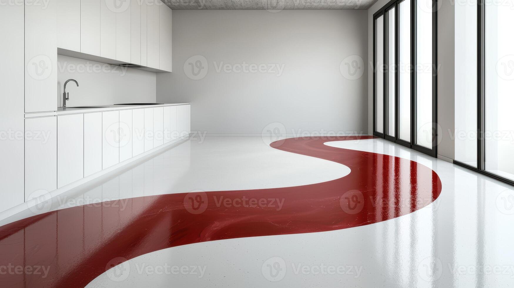 Modern minimalist kitchen with a red winding floor design photo