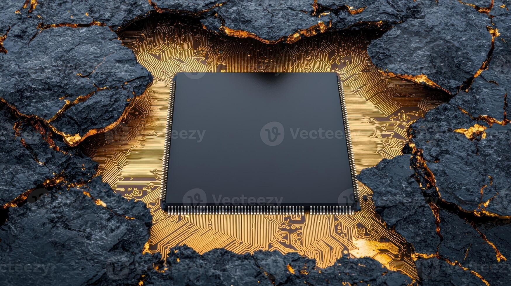 Modern CPU chip emerging from cracked rock with golden circuit board background photo