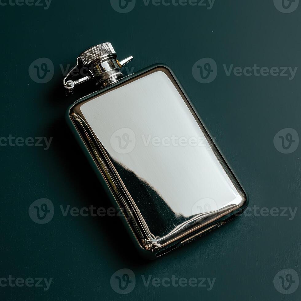 A shiny metal hip flask on a dark green background photo