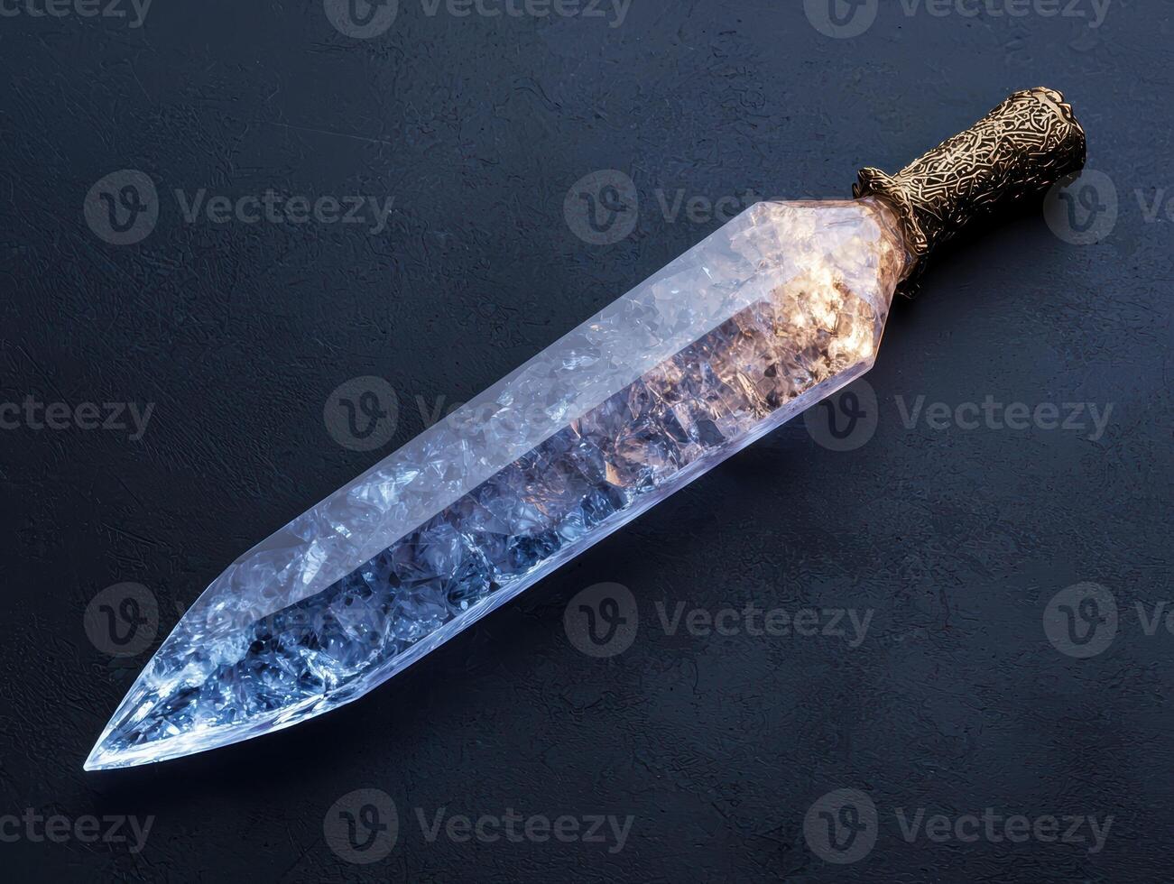 A crystal sword with a golden hilt on a dark background photo