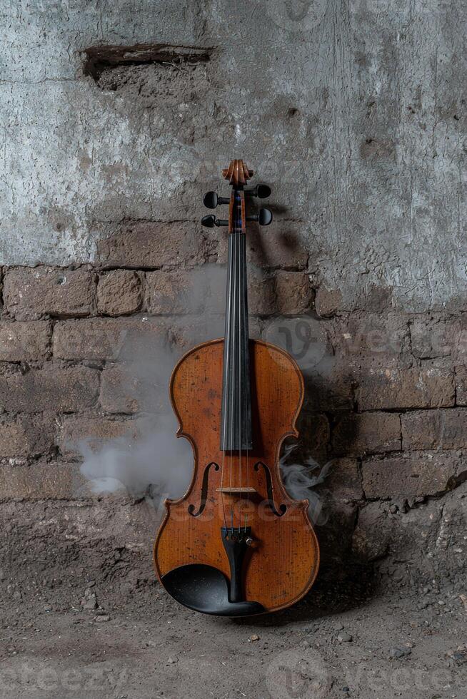 A violin rests against a weathered brick wall with smoke photo