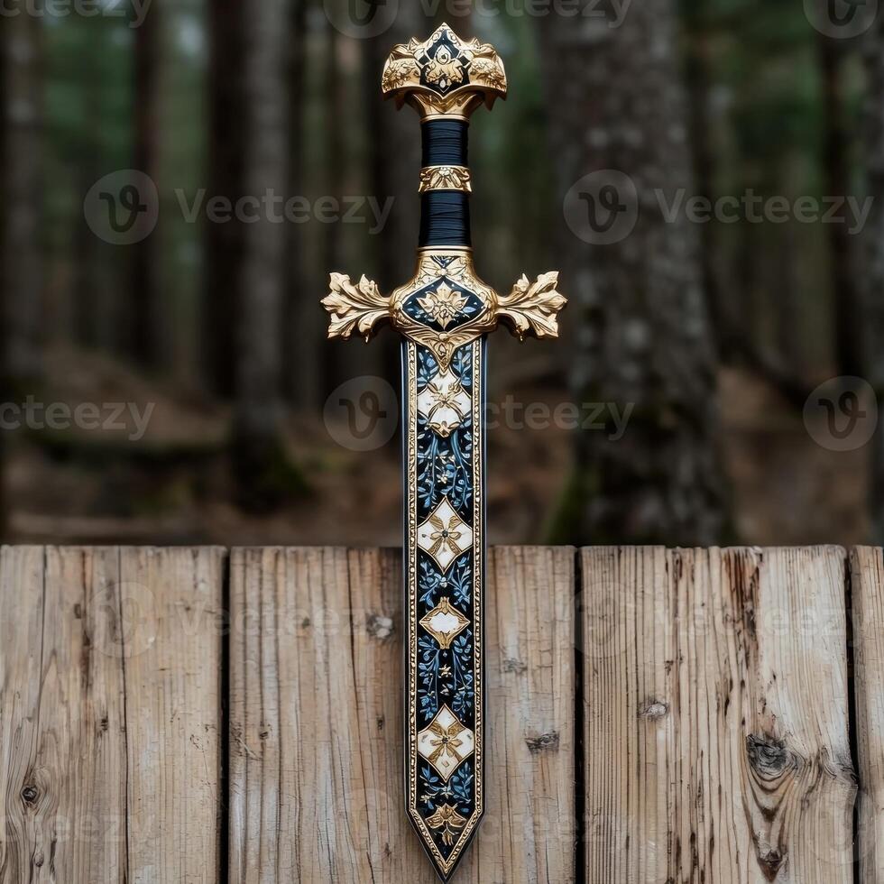 Ornate decorative sword displayed on a wooden fence photo