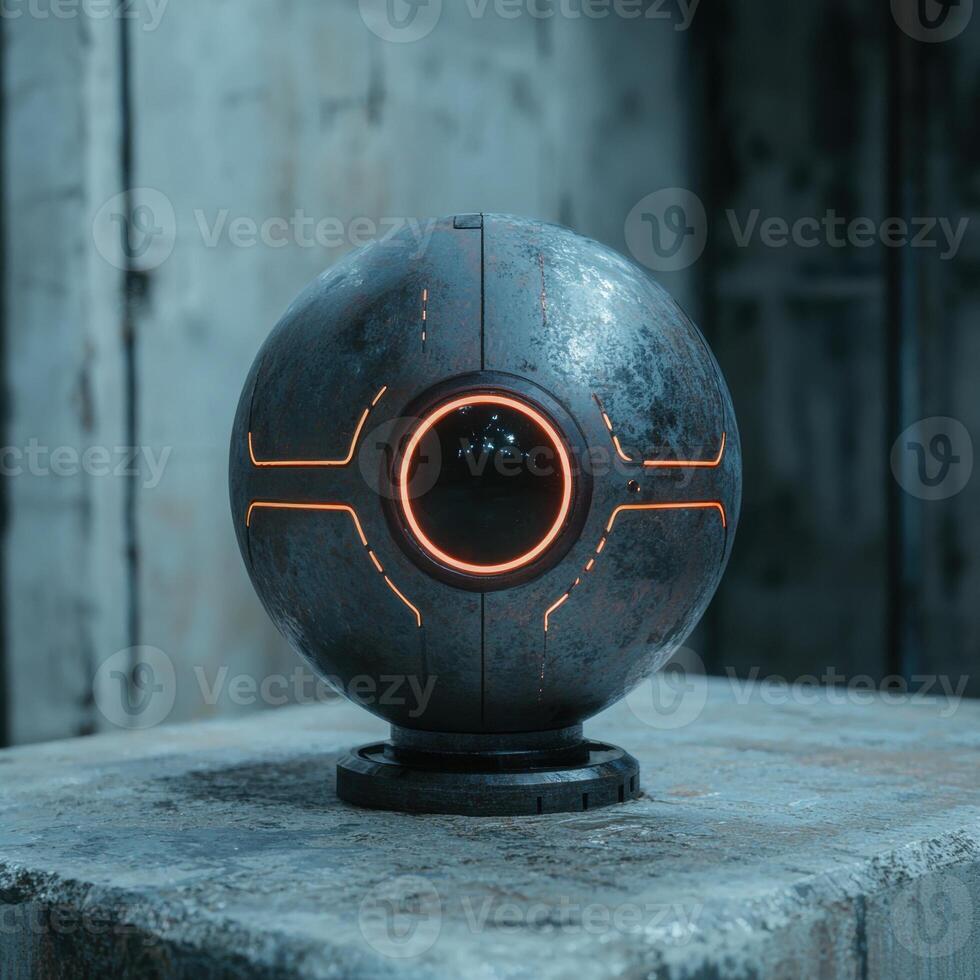 Futuristic metallic orb with glowing accents on a concrete surface photo