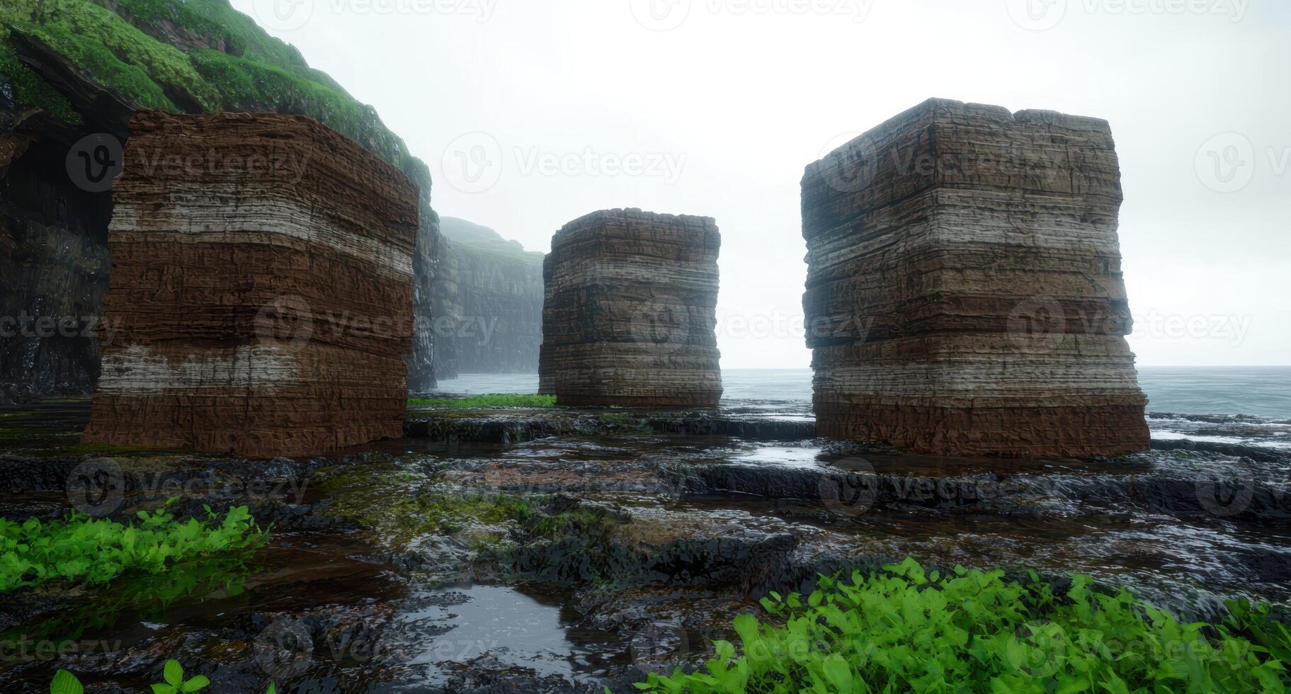 Coastal rock formations on a misty day photo