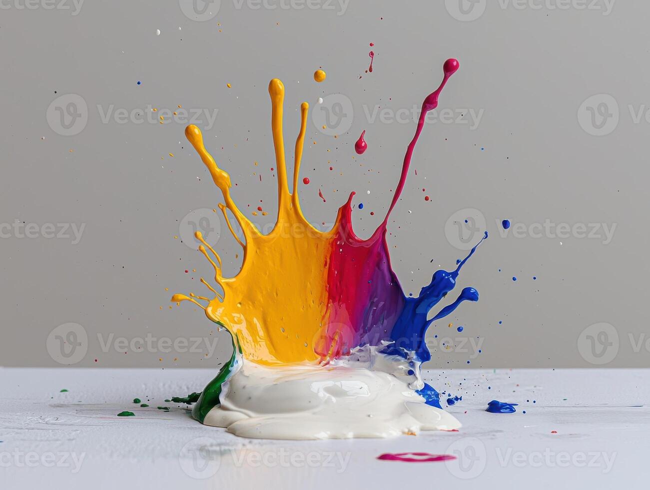 Colorful paint splashing on a white surface photo