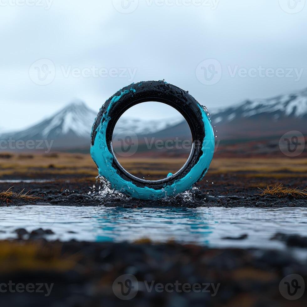 A tire with blue paint in a landscape with mountains photo