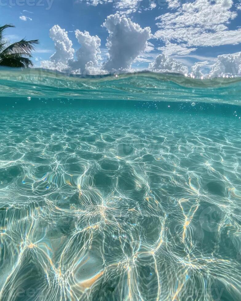 Crystal clear turquoise ocean water with sun reflections and blue sky photo