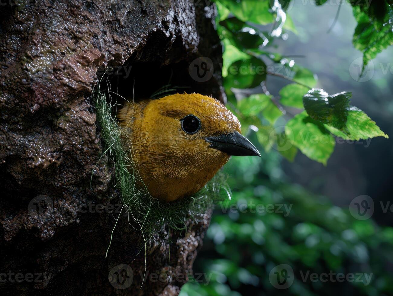 A golden bird peeks out from its nest in a tree hollow photo