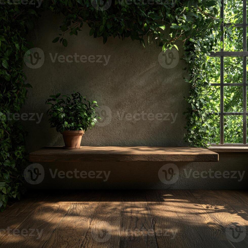 Indoor greenery with a potted plant on a wooden shelf photo