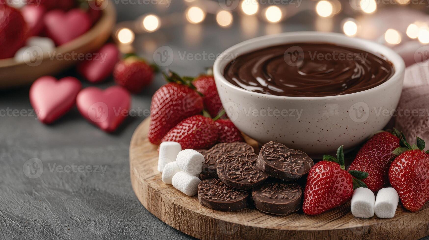 Chocolate fondue with strawberries and marshmallows for Valentines Day photo