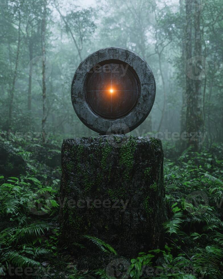 Mysterious stone circle with glowing center in a misty forest photo