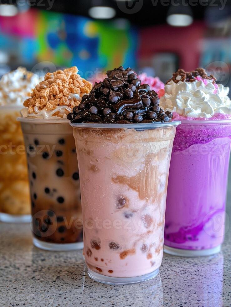 A variety of bubble tea drinks with different toppings photo