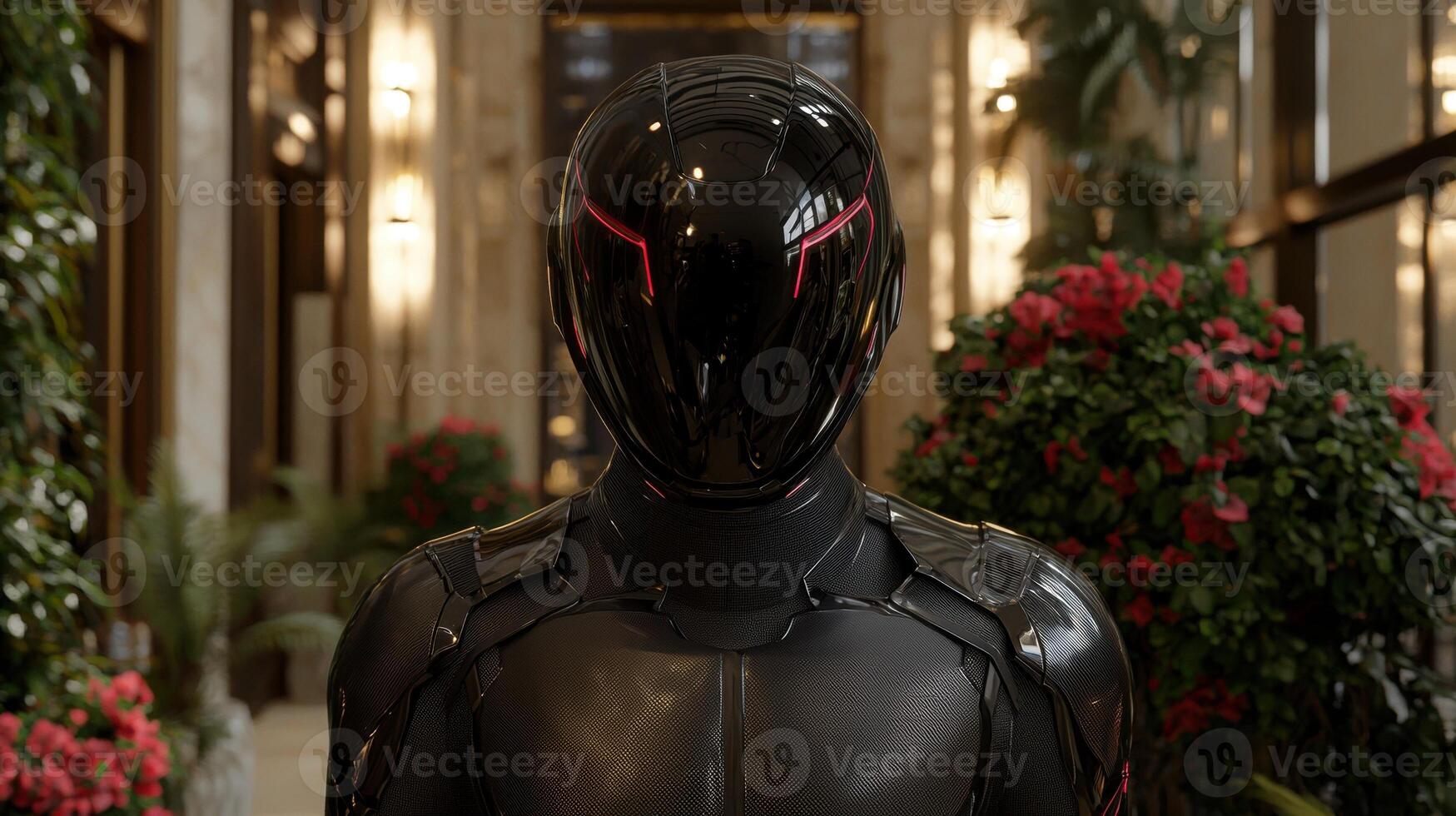 Futuristic character with a sleek, dark helmet standing in a modern building photo