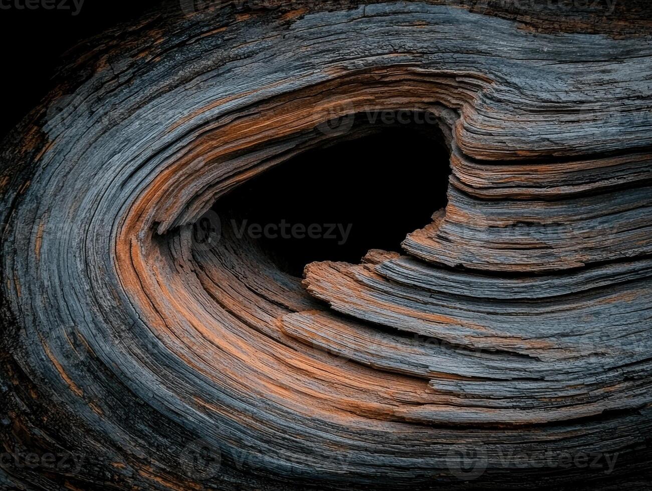 Close up of a weathered tree trunk with a dark hole in the center, showcasing the wood grain and texture photo