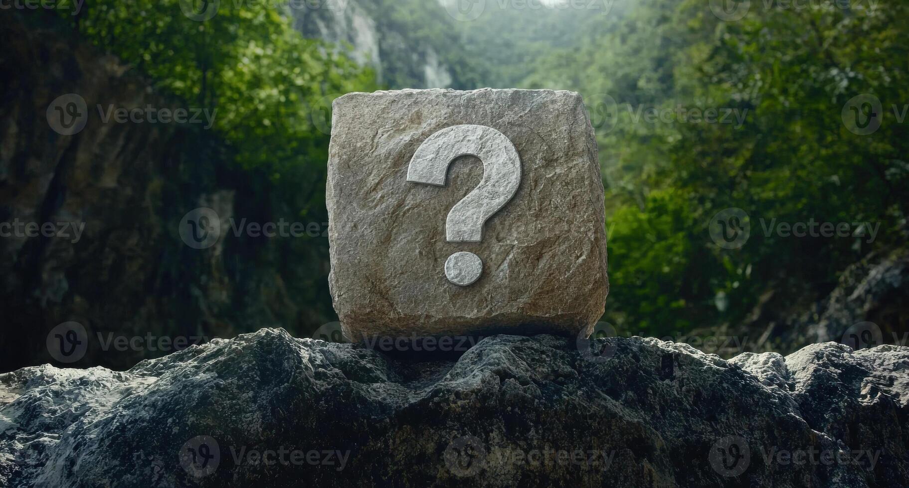 Stone block with a question mark in a forest setting photo
