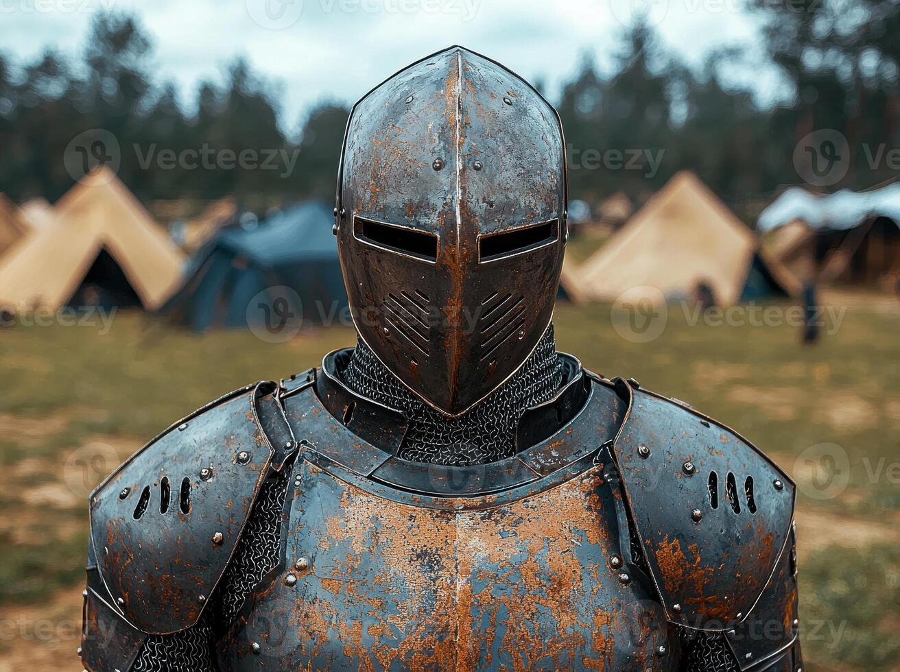 A medieval knight stands in armor at a historical reenactment photo