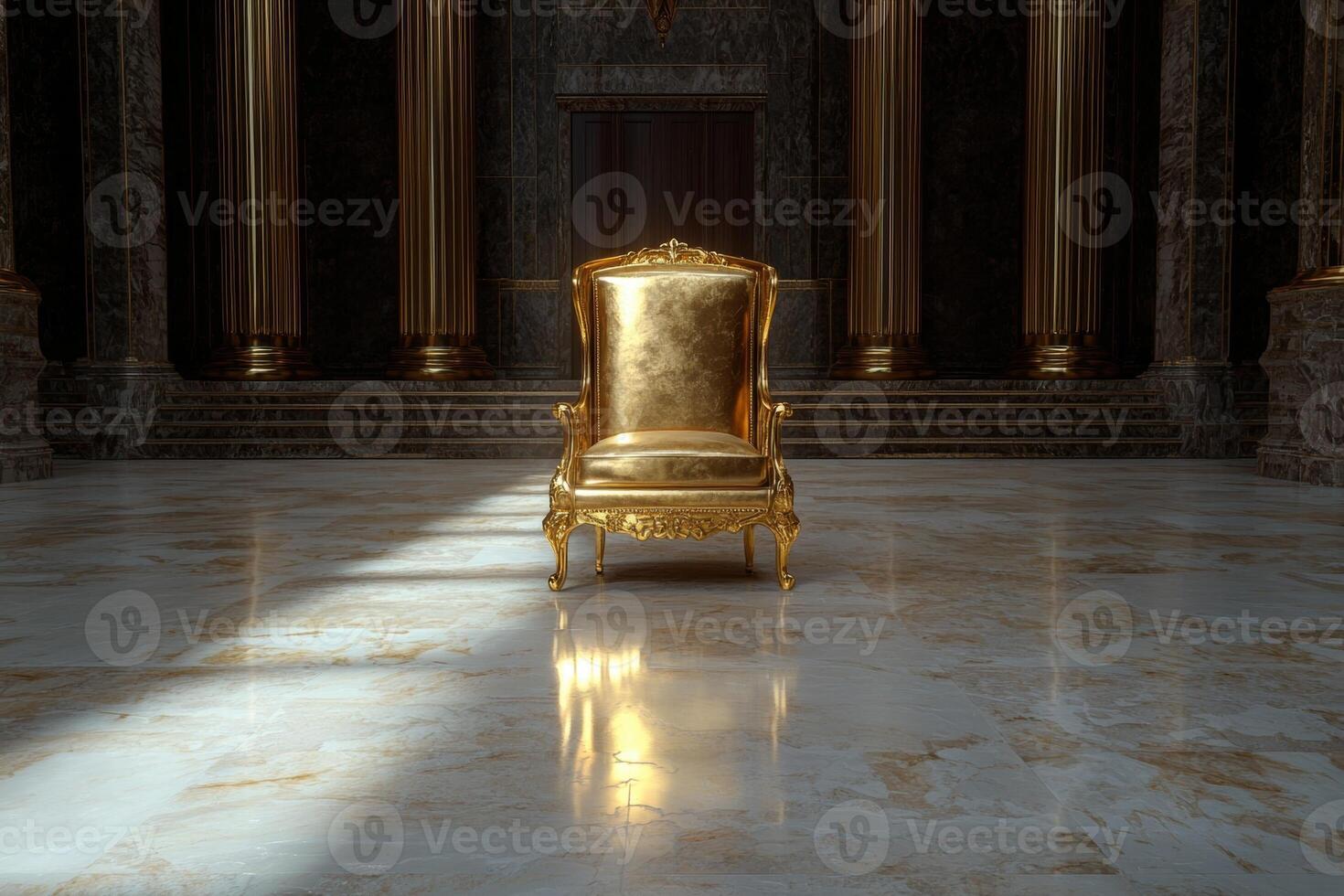Golden throne in a grand hall, a symbol of power and luxury photo