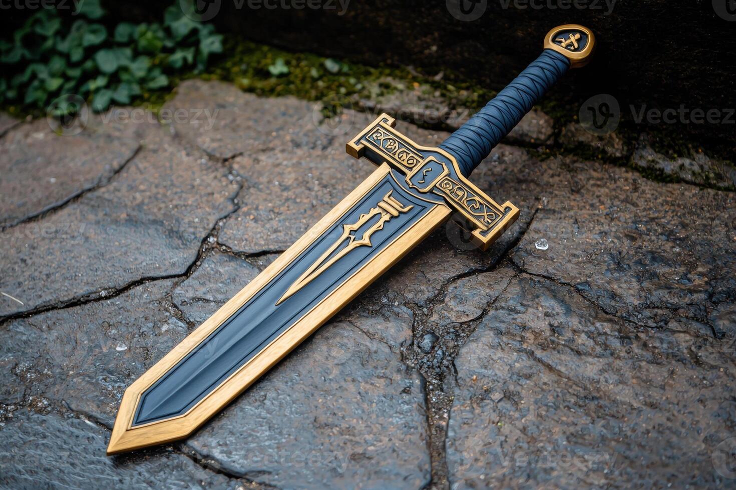 A decorative sword on a stone surface photo