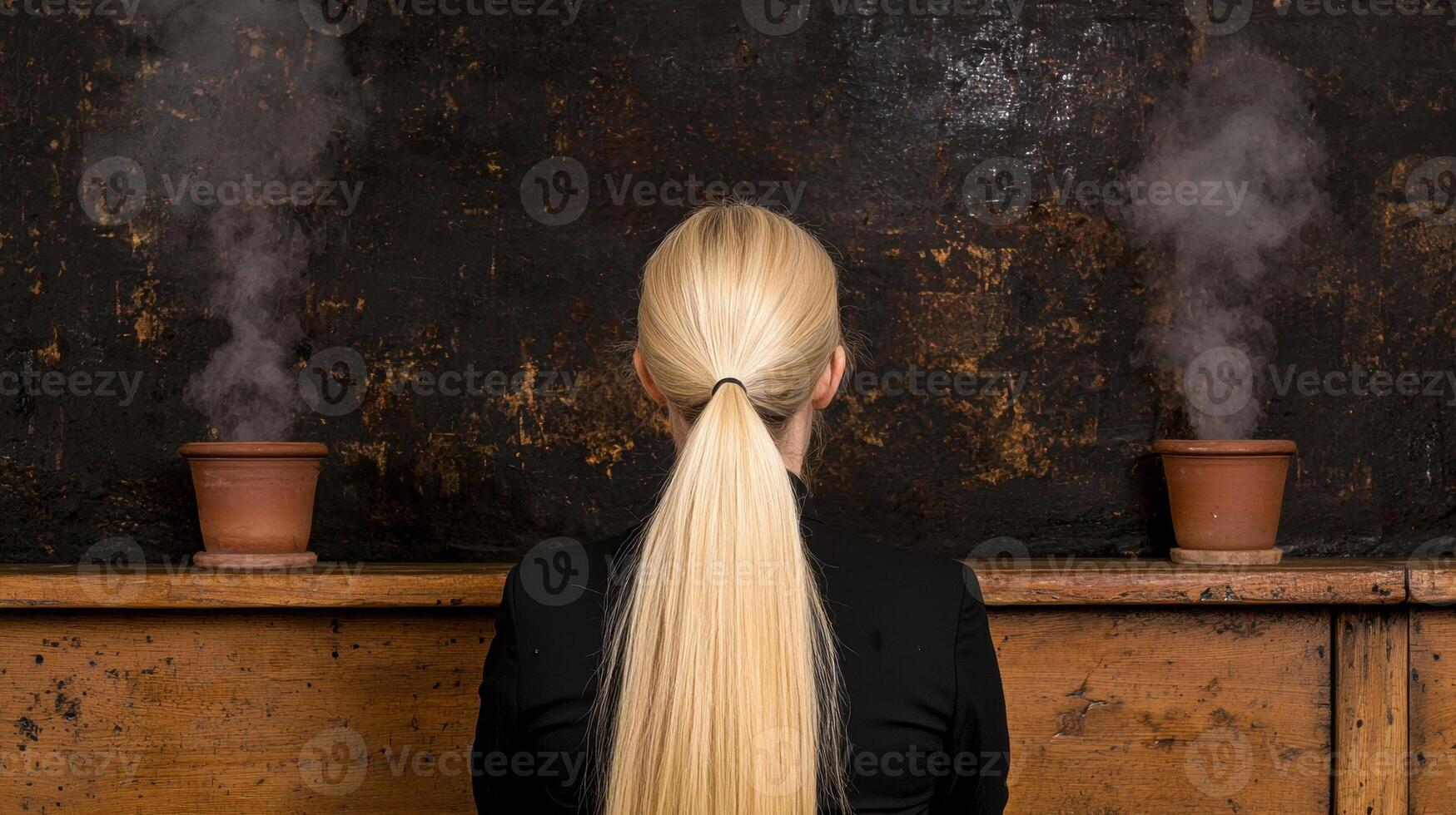 A woman with long blonde hair stands in front of two steaming pots photo