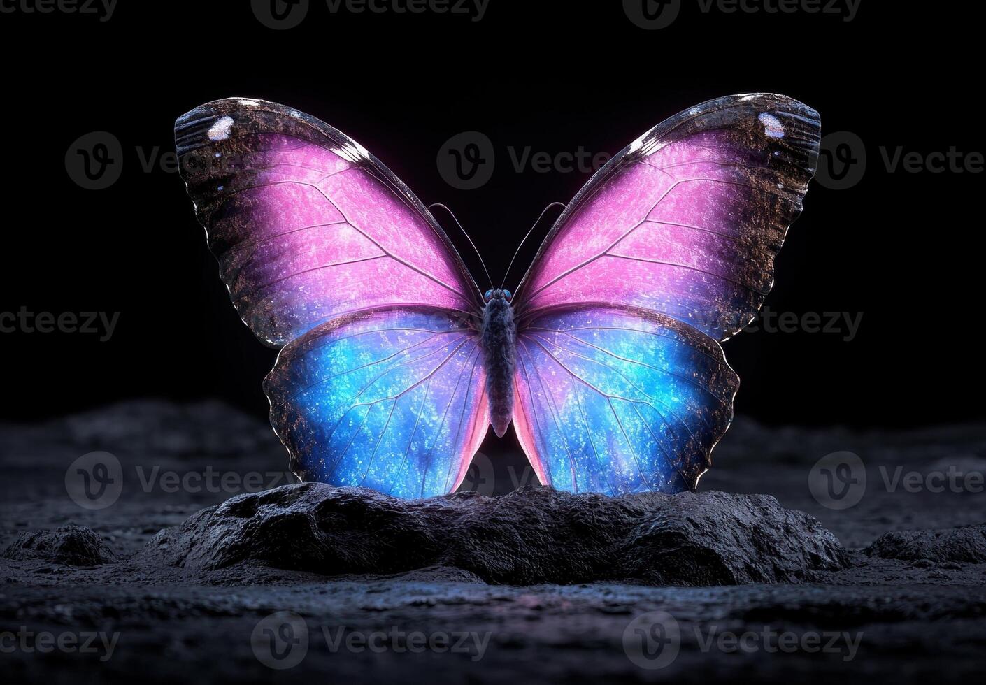 A beautiful butterfly with glowing wings rests on a rock photo