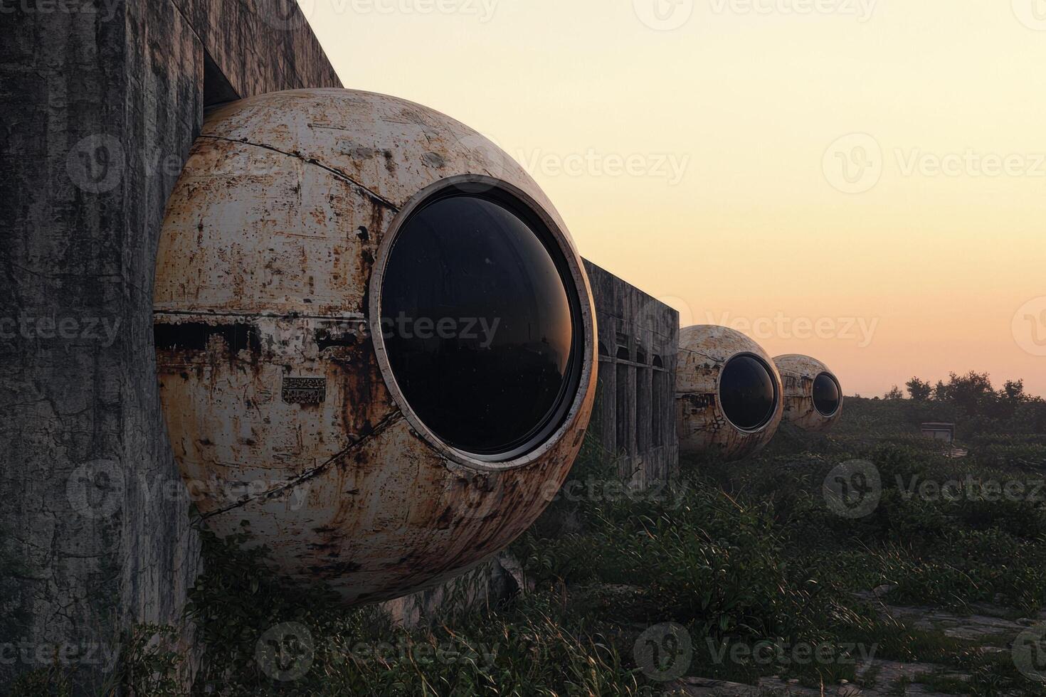 Futuristic abandoned sphere buildings in a field at sunset photo
