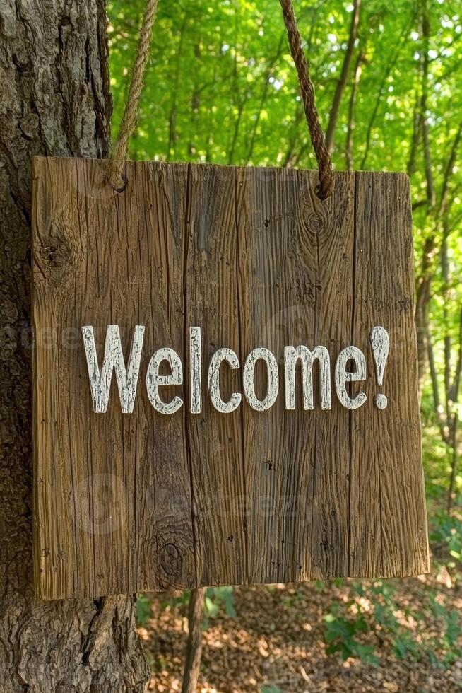 A rustic wooden welcome sign hanging from a tree in a forest photo