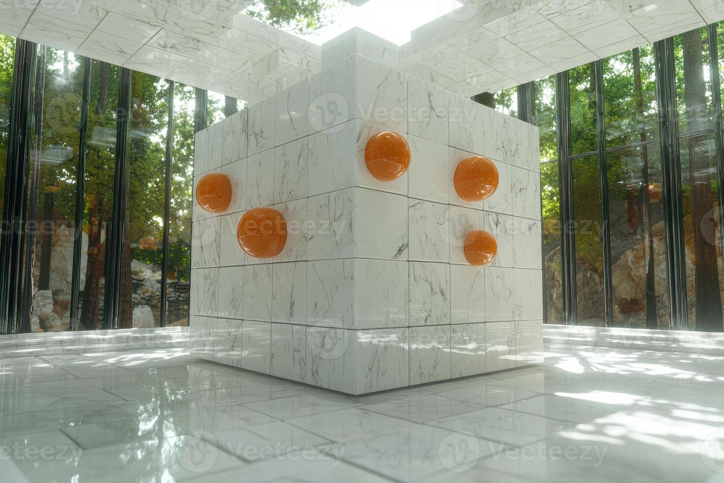 Modern architecture with orange spheres in a bright, minimalist space photo