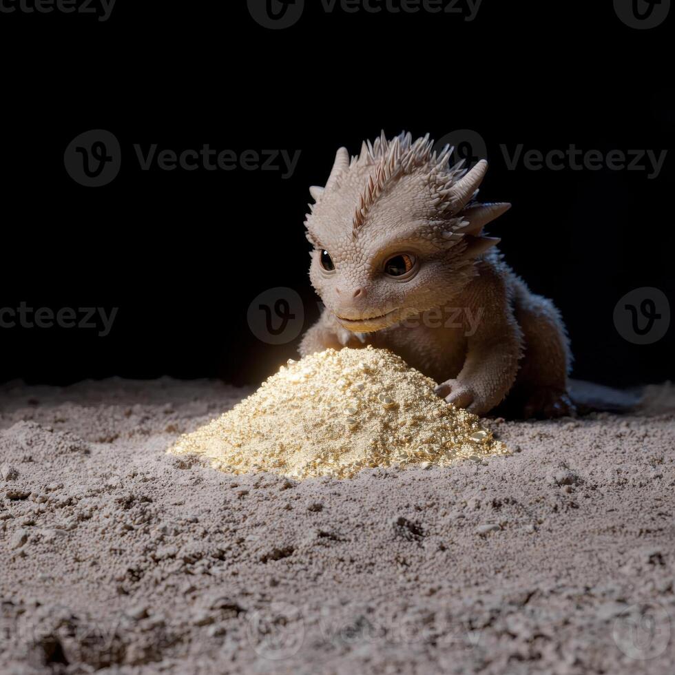 A baby dragon looking at a pile of gold photo