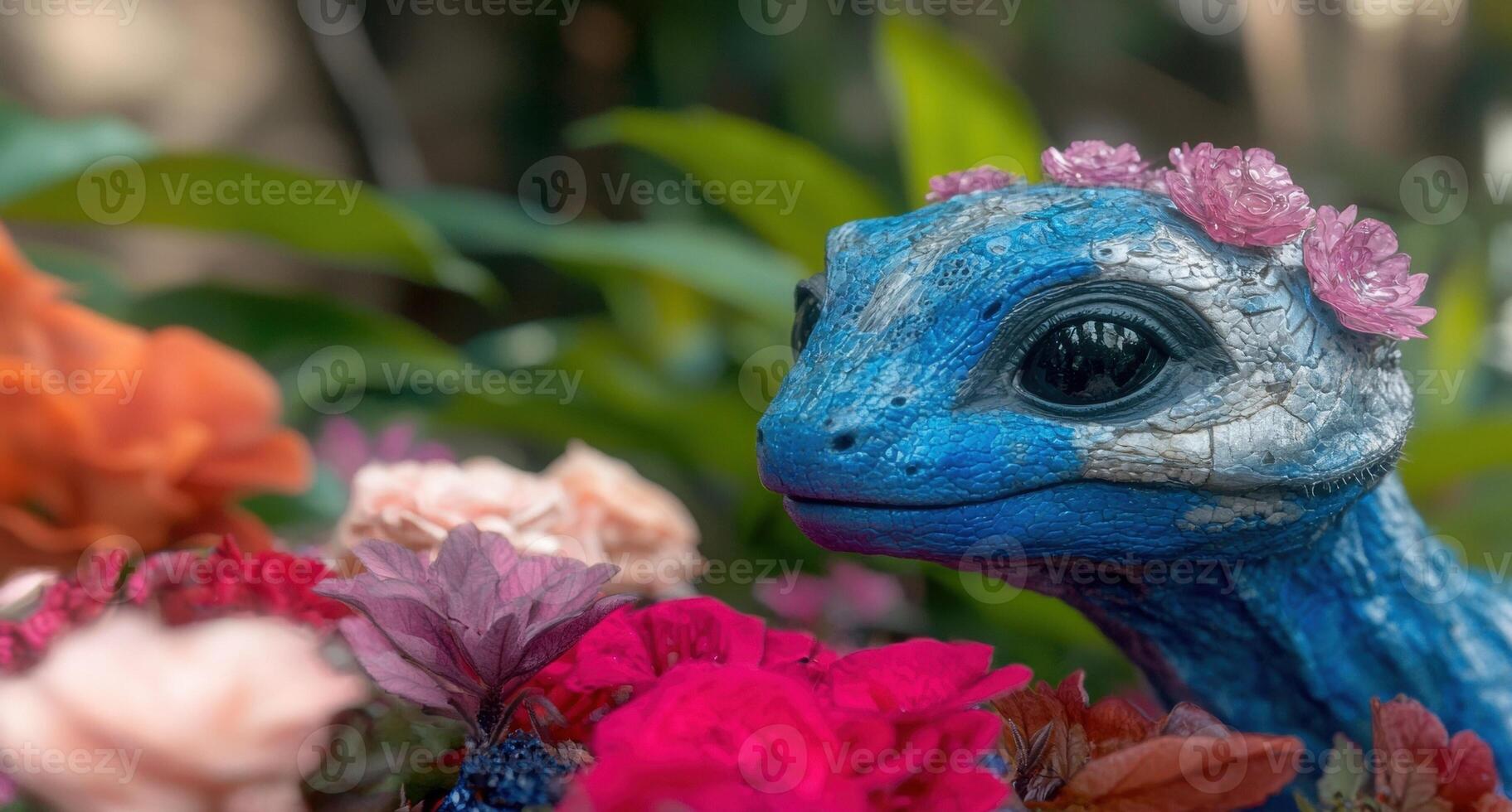 A blue lizard with flowers on its head surrounded by colorful blossoms photo