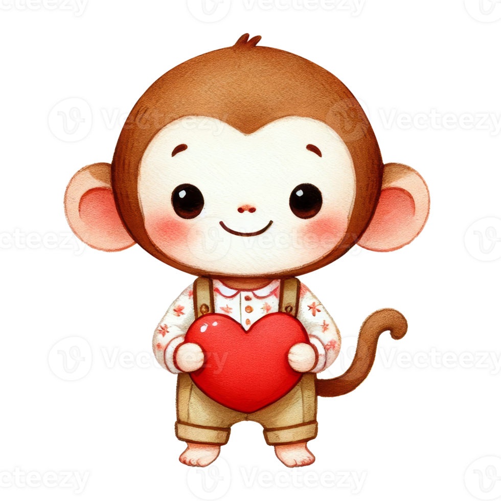 Cute monkey character holding heart digital art whimsical png