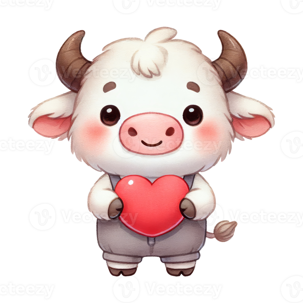 Cute cartoon bull holding heart digital art whimsical png