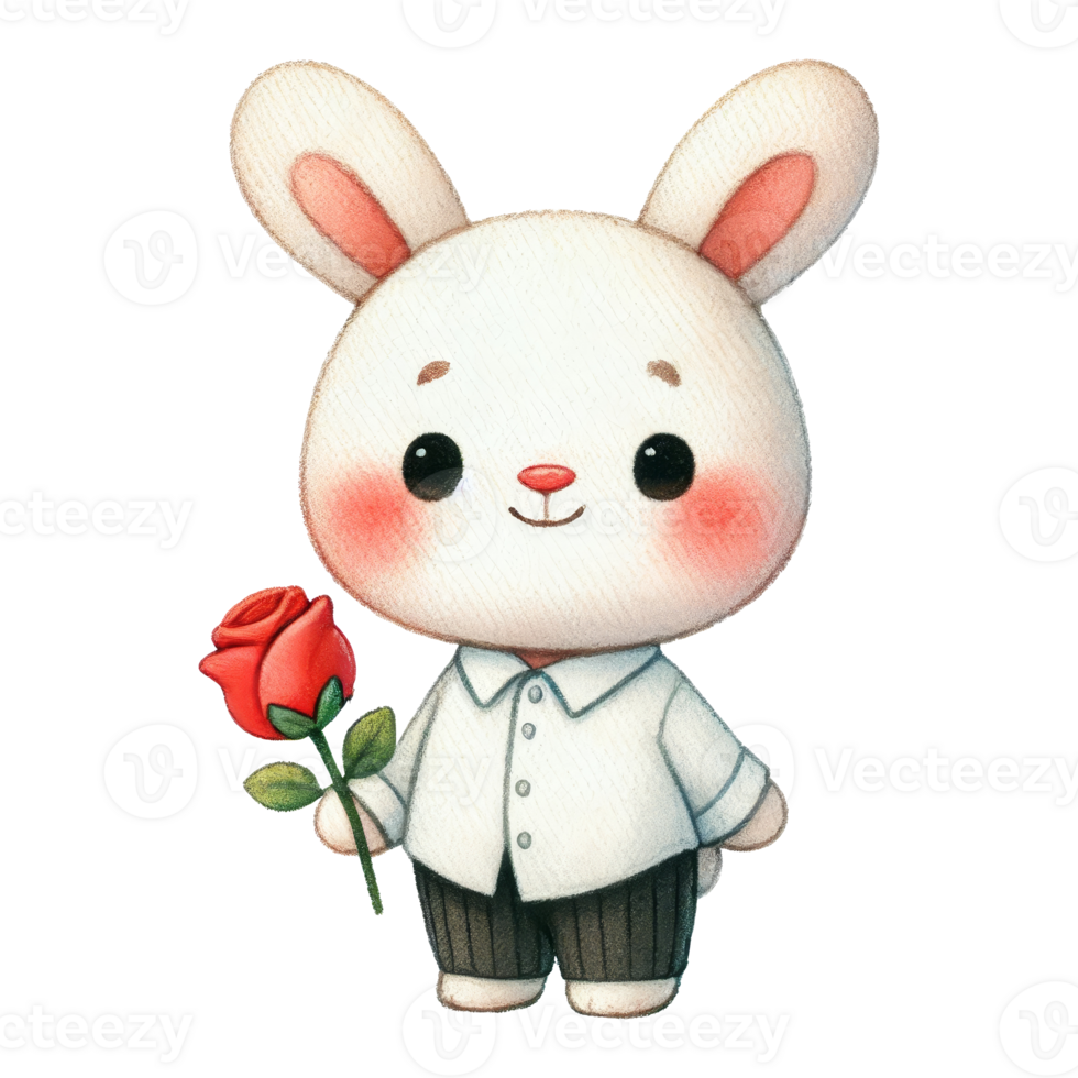 Cute rabbit with rose in shirt cartoon style joyful png