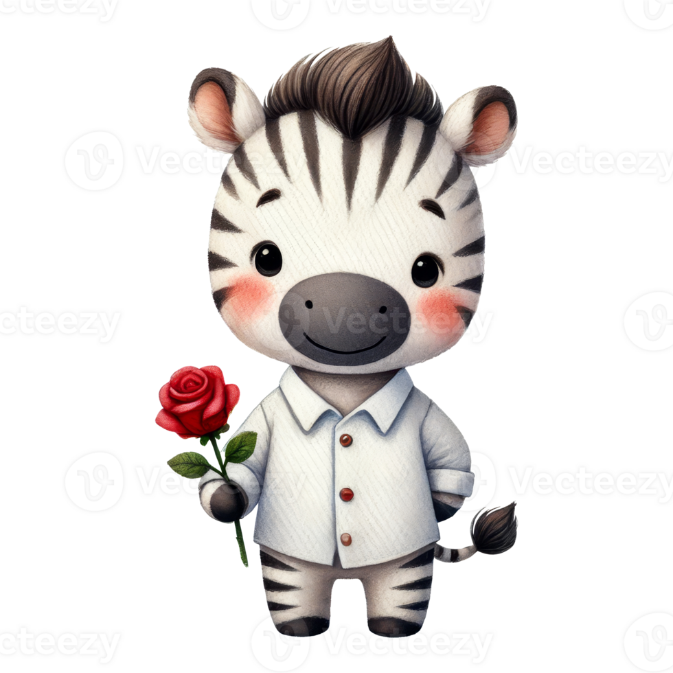 Cute zebra character holding rose fun art whimsical close-up png