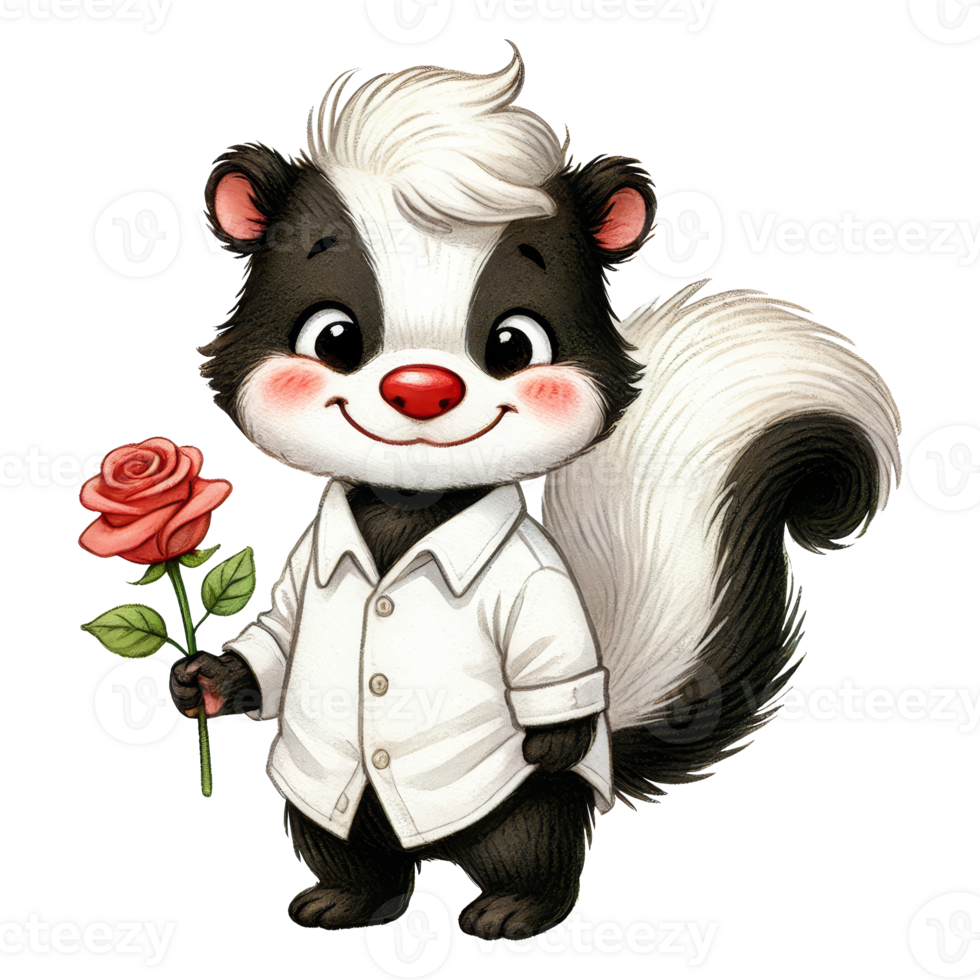 Playful skunk character holding rose cartoon world cute png