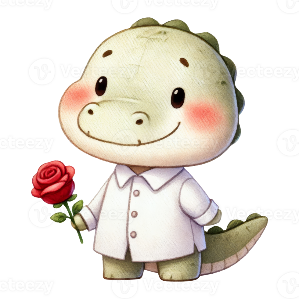 Cute dinosaur holding rose whimsical art cartoon style png