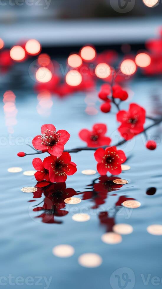 Chinese New Year background with a koi pond surrounded by red blossoms golden coins and glowing lanterns reflected in the water photo