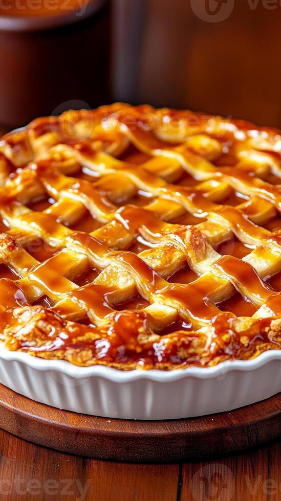 National Pie Day caramel apple pie drizzled with caramel sauce with warm tones and rustic wooden accents photo