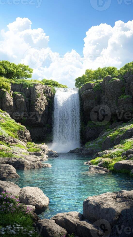 spring waterfall background with crystal clear water cascading into a rocky pool surrounded by mossy cliffs and blooming wildflowers photo