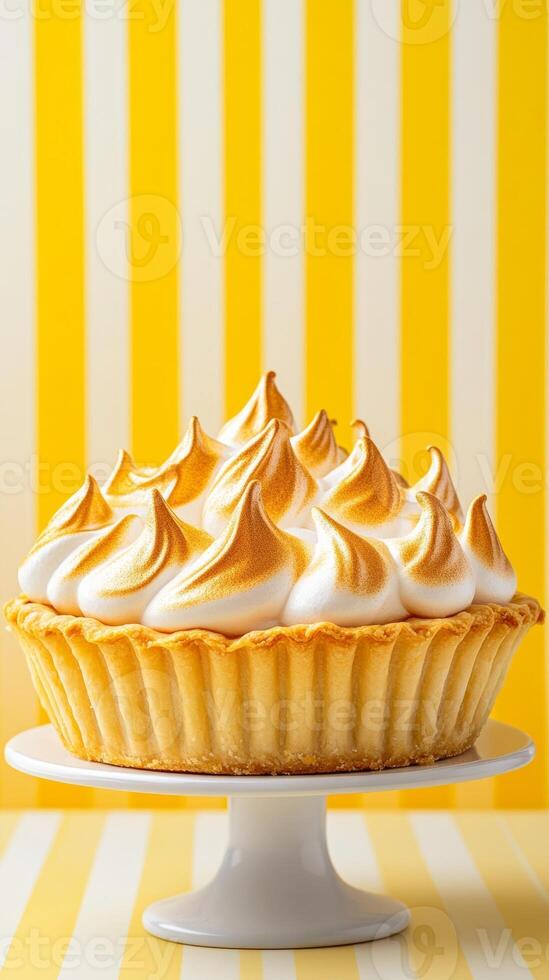 A vibrant National Pie Day featuring a lemon meringue pie with fluffy golden peaks set against a bright yellow and white striped backdrop photo