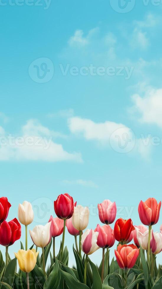 A vibrant spring background with a field of colorful tulips in full bloom under a bright blue sky photo