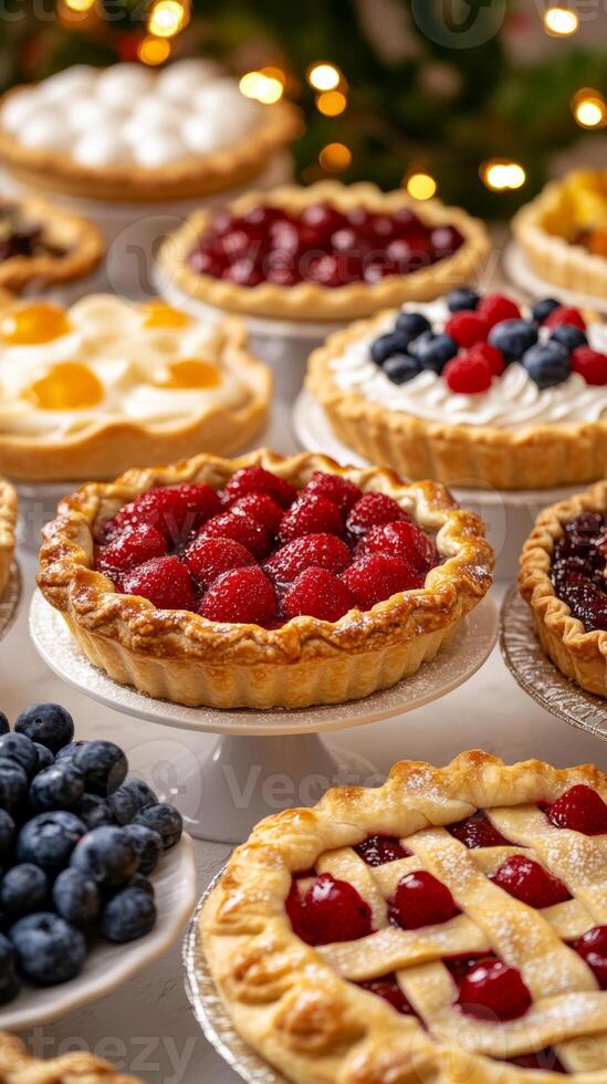 National Pie Day background featuring a pie buffet table with various pies photo