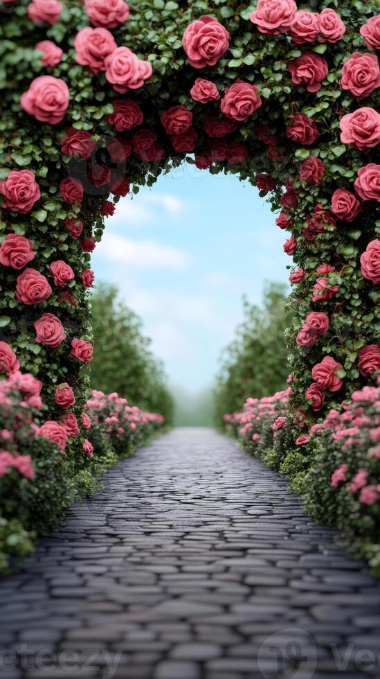spring background with a cobblestone path winding through a blooming garden framed by rose bushes and delicate ivy photo