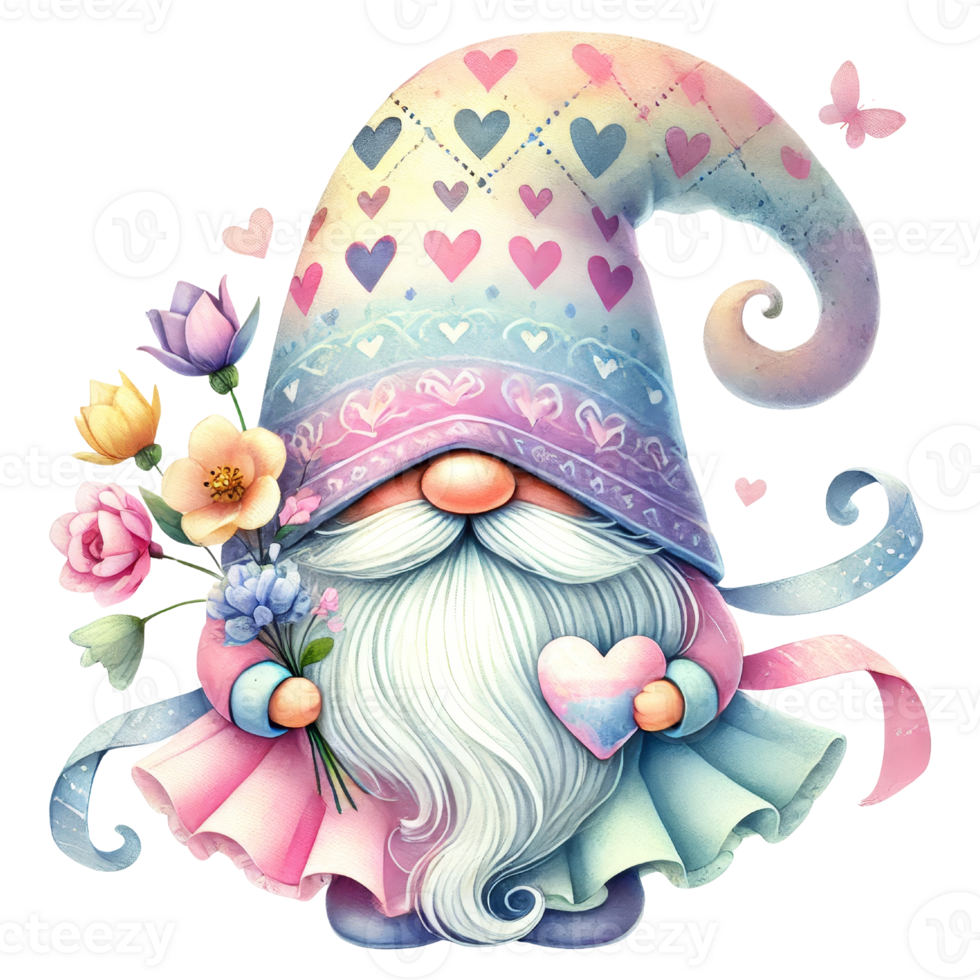 Charming gnome holding flowers whimsical art fantasy png