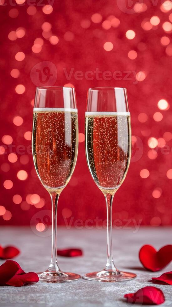 Valentines Day background with champagne glasses clinking in front of a glowing heart bokeh effect framed by scattered rose petals photo