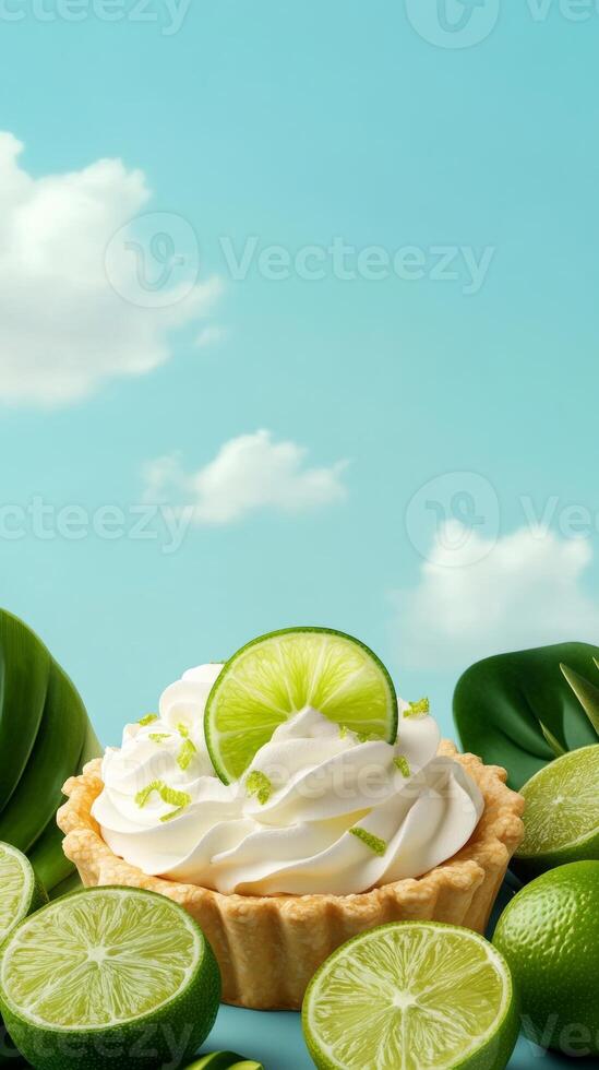 A vibrant National Pie Day background with a key lime pie topped with lime zest and whipped cream paired with sliced limes and tropical accents photo