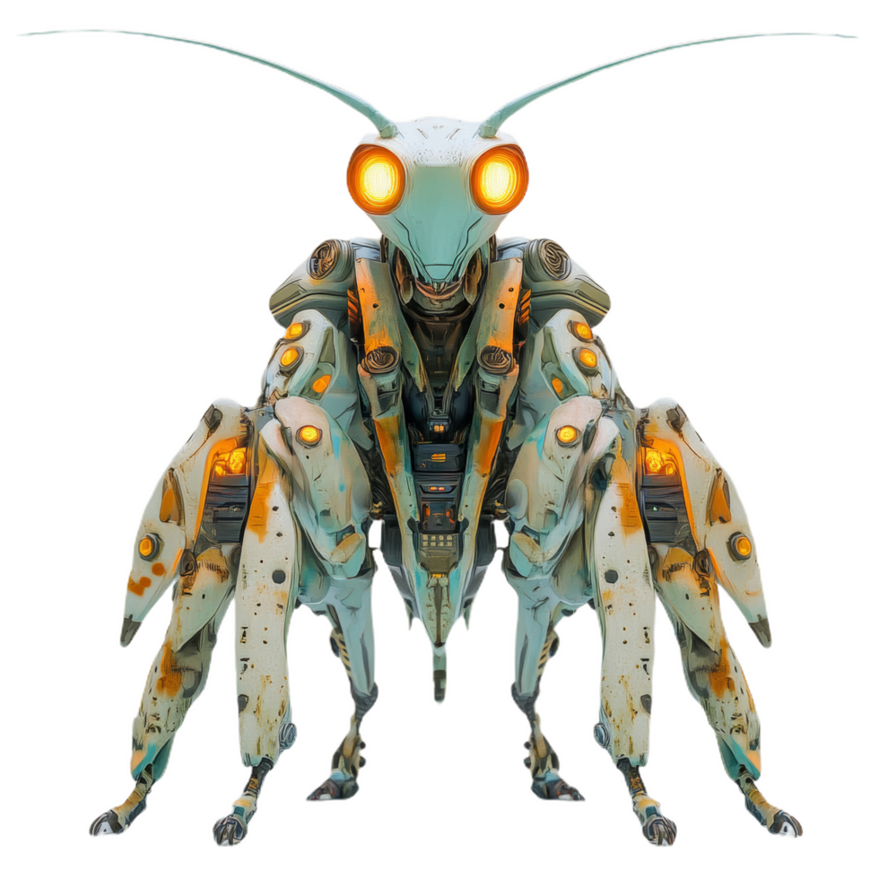 cybernetic battle mantis with tactical camouflage, featuring glowing eyes and intricate mechanical details. This futuristic creature embodies strength and advanced technology png