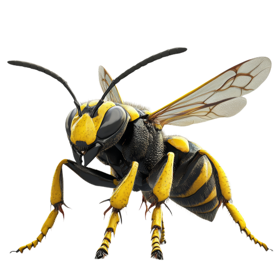 detailed 3D rendering of wasp showcasing sharp mandibles and vibrant yellow and black coloration. This insect is depicted in dynamic pose, emphasizing its intricate features and wings png